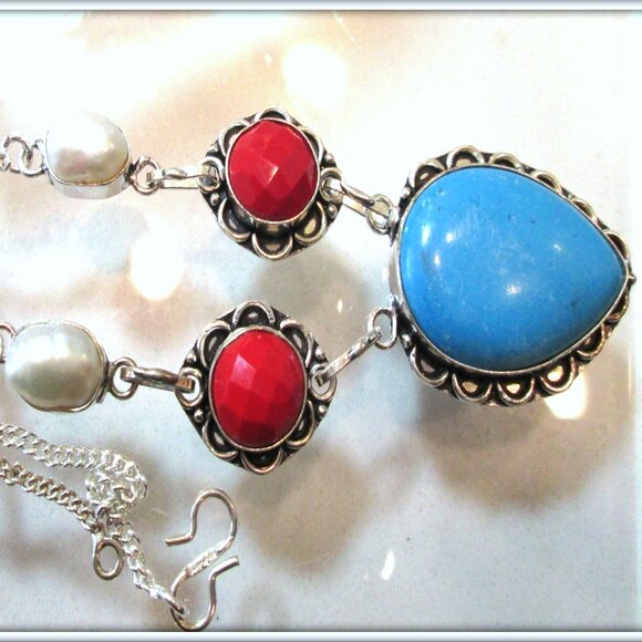 Turquoise natural gemstone coral pearl  ladies 925 silver Necklace - Picture 3 of 5